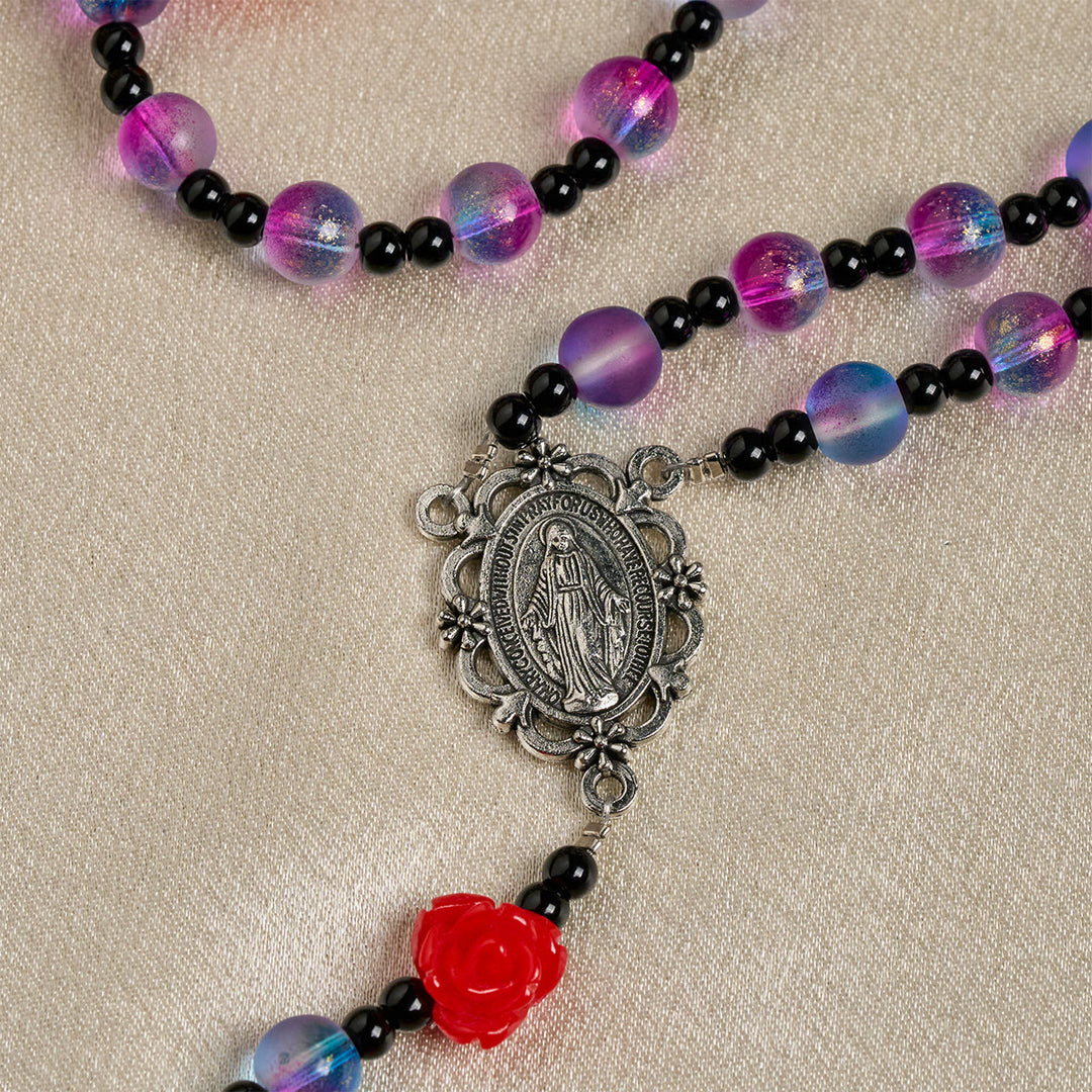 Christianartworkshop Mystical Frosted Purple-Blue Beads Rosary with Red Roses & Miraculous Medal Blessing - image 7