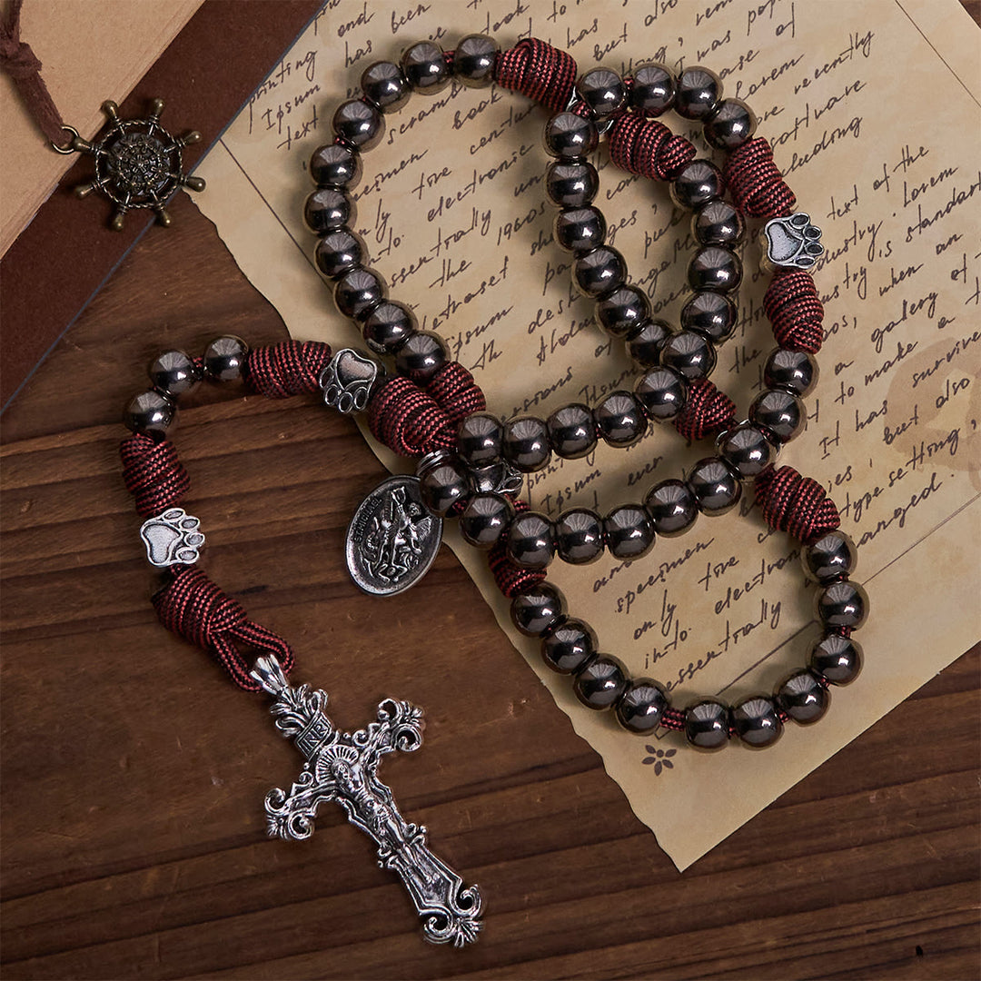 Christianartworkshop Rugged Bronze-Tone Beads Paracord Rosary with Paw Charms & St. Michael - St. Michael & Crucifix - image 0