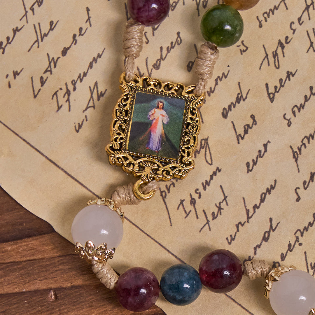 Christianartworkshop Colorful Tourmaline Beads Rosary with Square Divine Mercy and Golden Crucifix - image 7