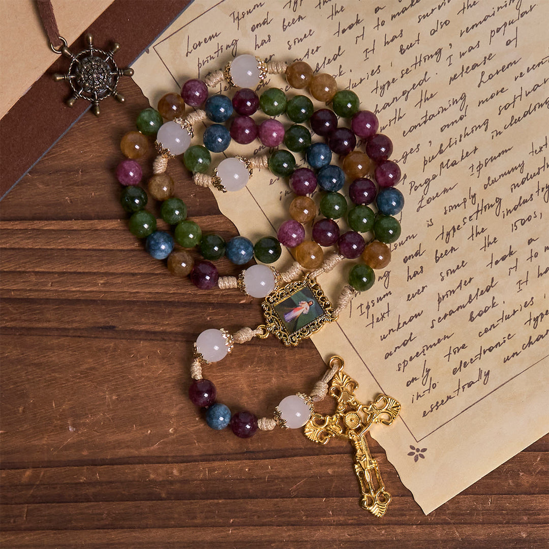 Christianartworkshop Colorful Tourmaline Beads Rosary with Square Divine Mercy and Golden Crucifix - image 6