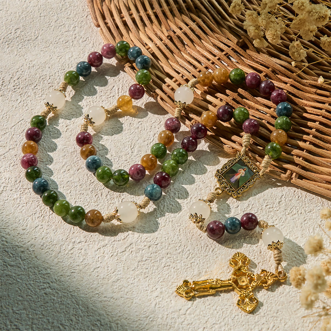 Christianartworkshop Colorful Tourmaline Beads Rosary with Square Divine Mercy and Golden Crucifix - image 3
