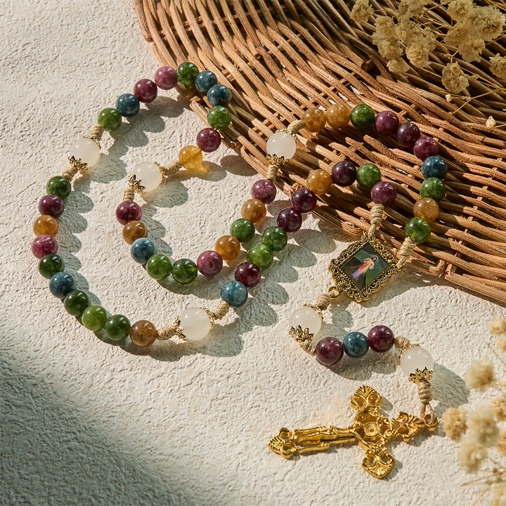 Christianartworkshop Colorful Tourmaline Beads Rosary with Square Divine Mercy and Golden Crucifix - image 3