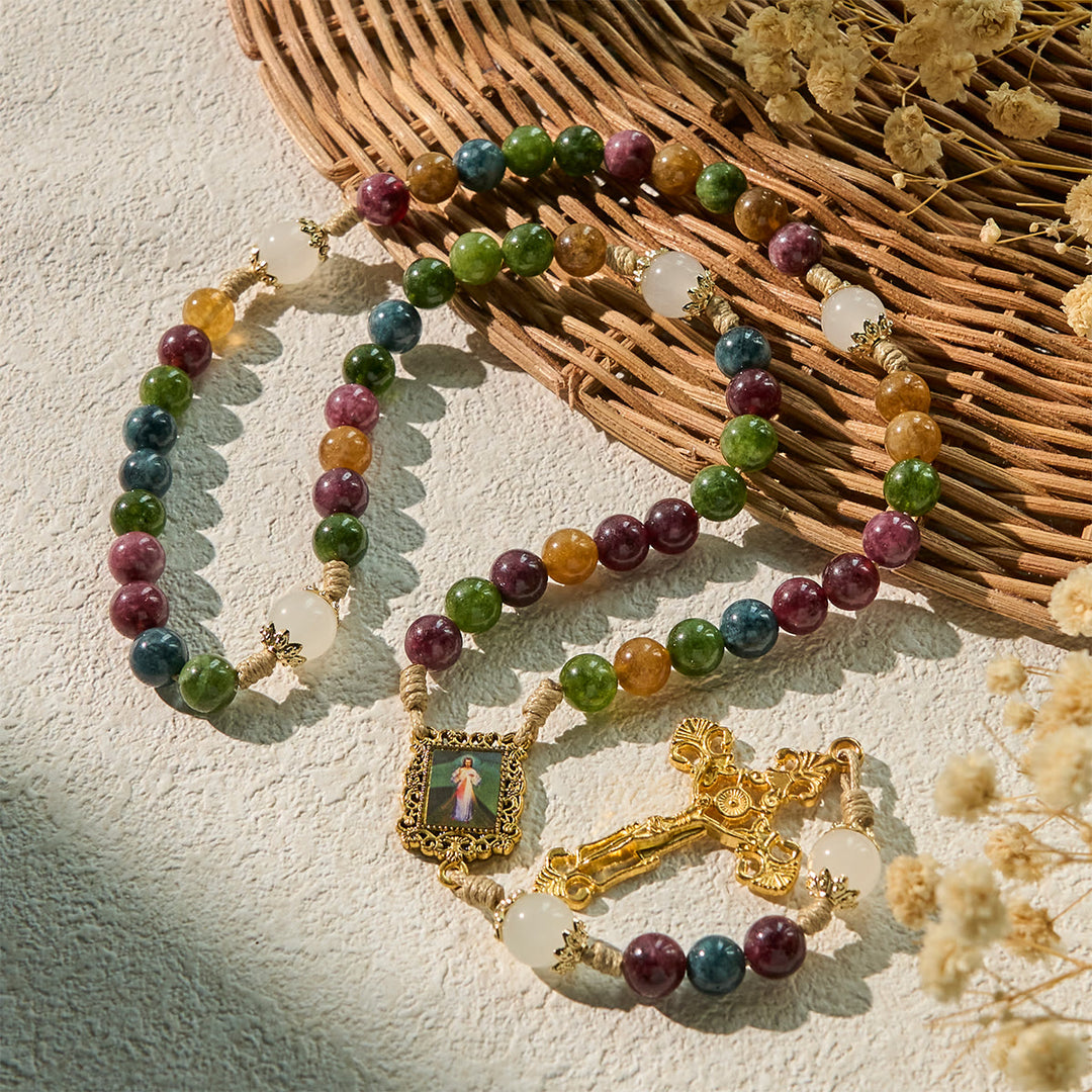 Christianartworkshop Colorful Tourmaline Beads Rosary with Square Divine Mercy and Golden Crucifix - image 4