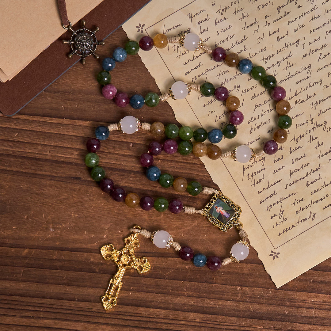 Christianartworkshop Colorful Tourmaline Beads Rosary with Square Divine Mercy and Golden Crucifix - image 5