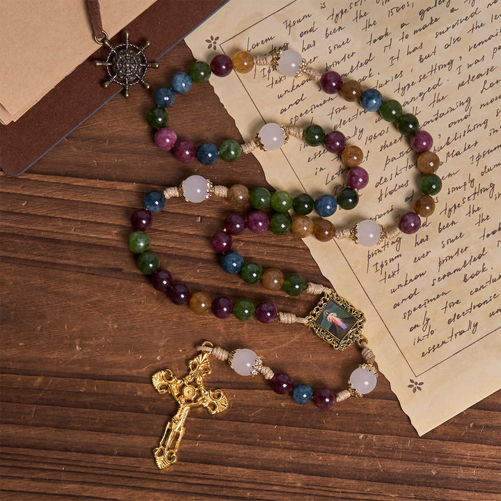 Christianartworkshop Colorful Tourmaline Beads Rosary with Square Divine Mercy and Golden Crucifix - image 5