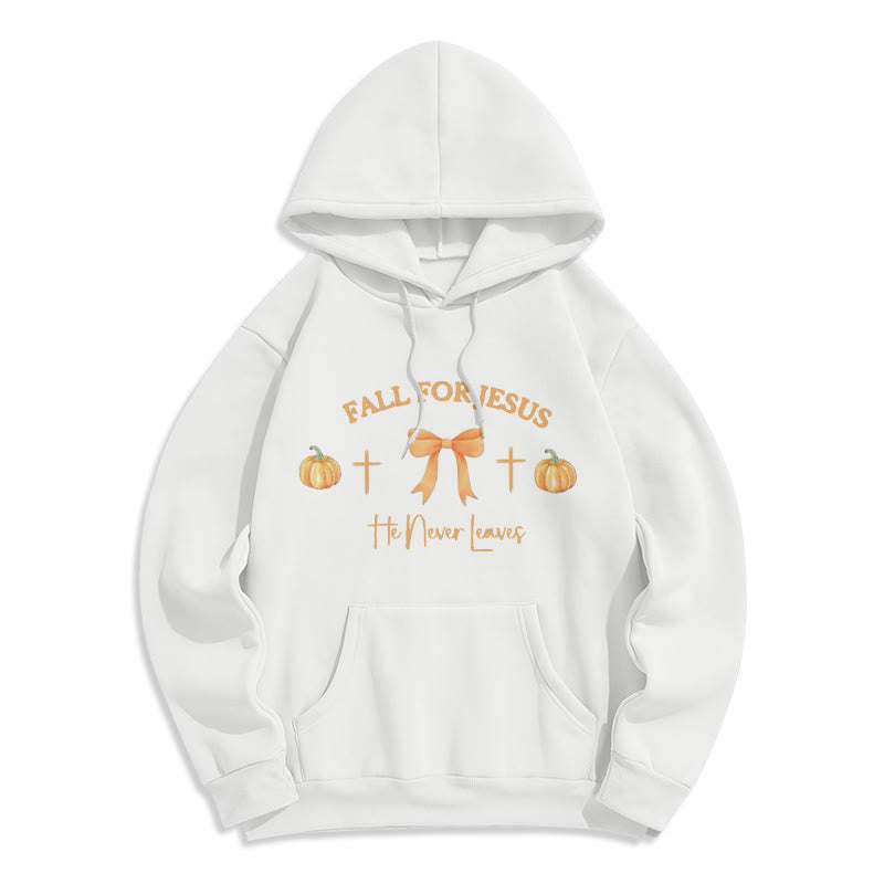 Christianartworkshop Fall For Jesus Pumpkin Cross & Bow Fleece Lined Polyester Hoodie - White - 2XL - image 2