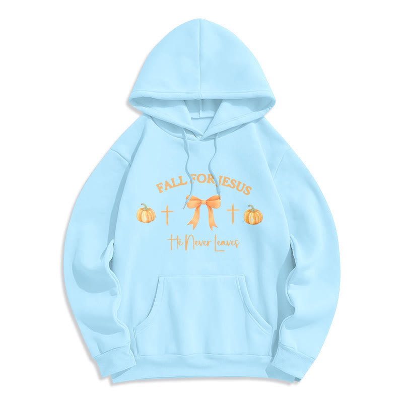 Christianartworkshop Fall For Jesus Pumpkin Cross & Bow Fleece Lined Polyester Hoodie - Blue - 2XL - image 2