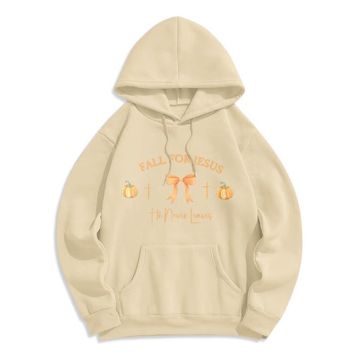 Christianartworkshop Fall For Jesus Pumpkin Cross & Bow Fleece Lined Polyester Hoodie - Beige - 2XL - image 3
