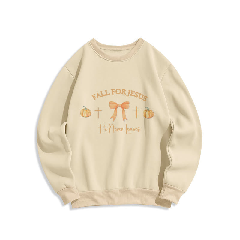 Christianartworkshop Fall For Jesus Pumpkin Cross & Bow Fleece Lined Polyester Sweatshirt - Beige - 2XL - image 1