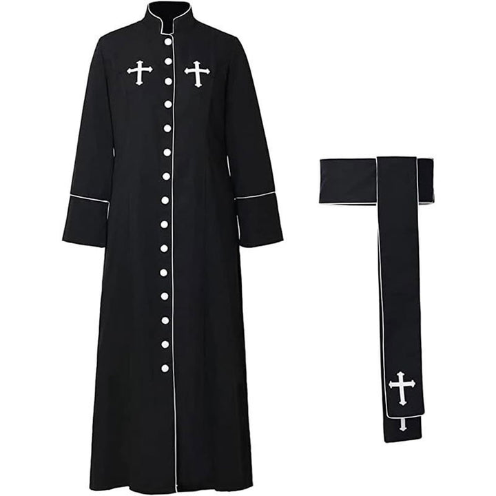 Christianartworkshop Ceremonial Black and White Stand Collar Clergy Robe with Belt & Cross Motifs - image 5