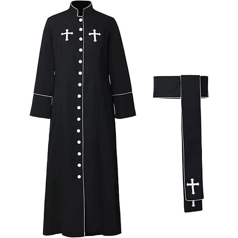 Christianartworkshop Ceremonial Black and White Stand Collar Clergy Robe with Belt & Cross Motifs - image 10