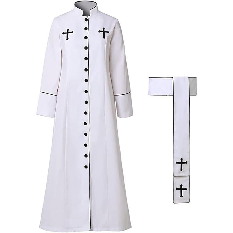 Christianartworkshop Ceremonial Black and White Stand Collar Clergy Robe with Belt & Cross Motifs - White - 2XL - image 2