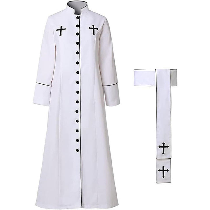 Christianartworkshop Ceremonial Black and White Stand Collar Clergy Robe with Belt & Cross Motifs - White - 2XL - image 2