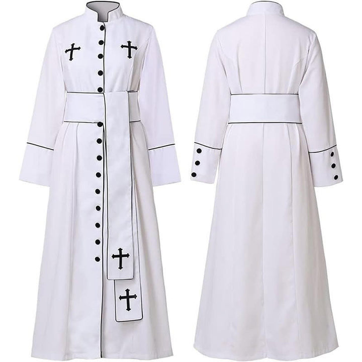Christianartworkshop Ceremonial Black and White Stand Collar Clergy Robe with Belt & Cross Motifs - image 3