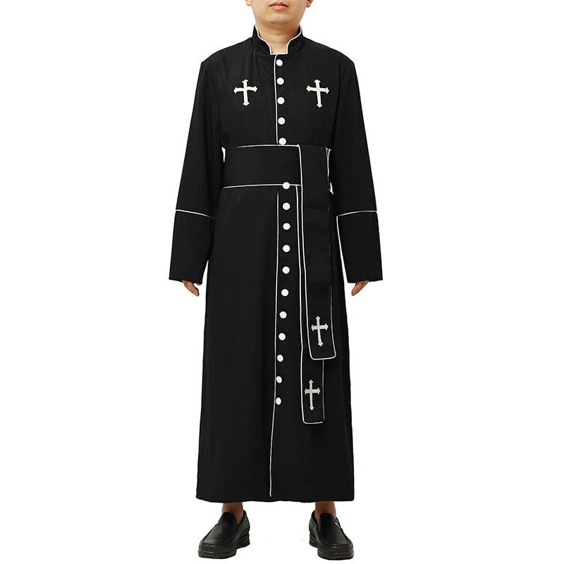 Christianartworkshop Ceremonial Black and White Stand Collar Clergy Robe with Belt & Cross Motifs - image 11