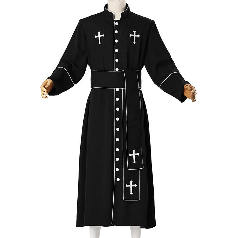 Christianartworkshop Ceremonial Black and White Stand Collar Clergy Robe Cassock with Belt & Cross Motifs - image 11