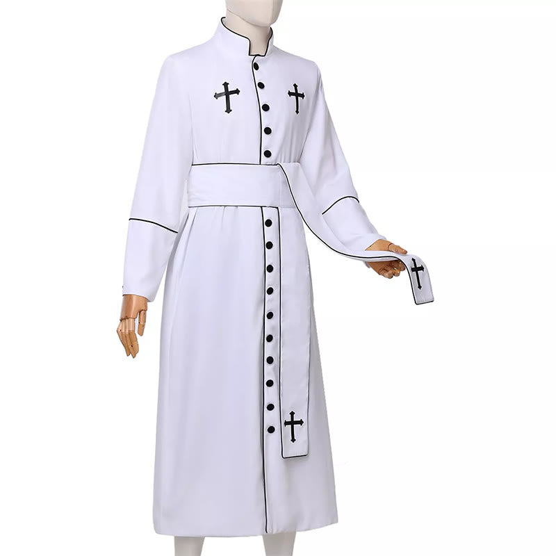 Christianartworkshop Ceremonial Black and White Stand Collar Clergy Robe with Belt & Cross Motifs - image 6