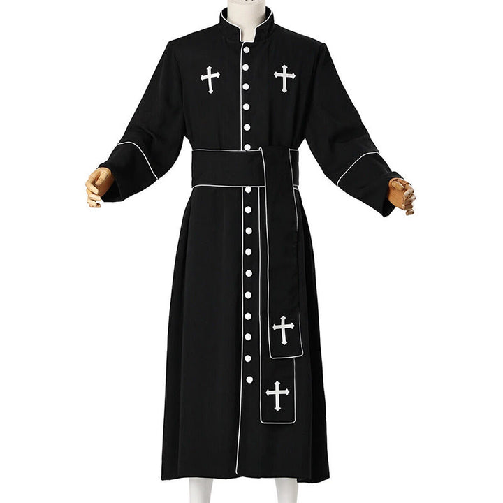 Christianartworkshop Ceremonial Black and White Stand Collar Clergy Robe Cassock with Belt & Cross Motifs - image 11