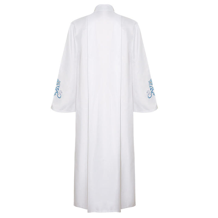 Christianartworkshop Graceful White High Neck Clergy Robe with Blue Lily Floral Design - image 5