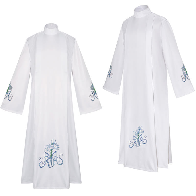 Christianartworkshop Graceful White High Neck Clergy Robe with Blue Lily Floral Design - image 3