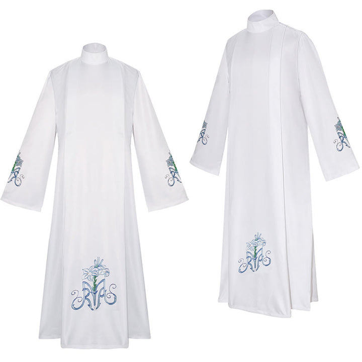 Christianartworkshop Graceful White High Neck Clergy Robe with Blue Lily Floral Design - image 3