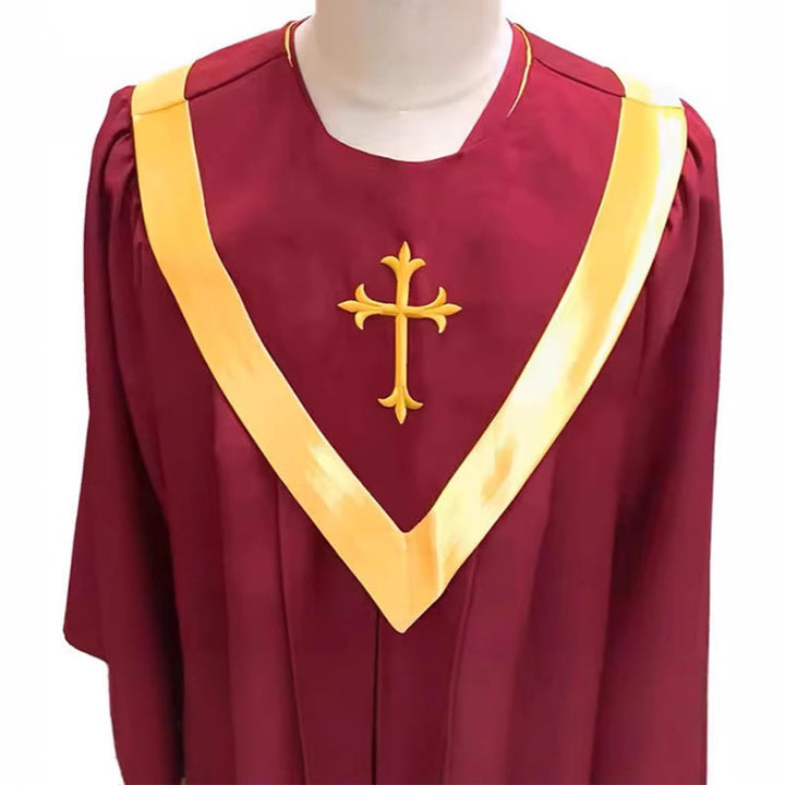 Christianartworkshop Traditional Burgundy Clergy Robe with Gold Cross & V Neck Trim - image 3