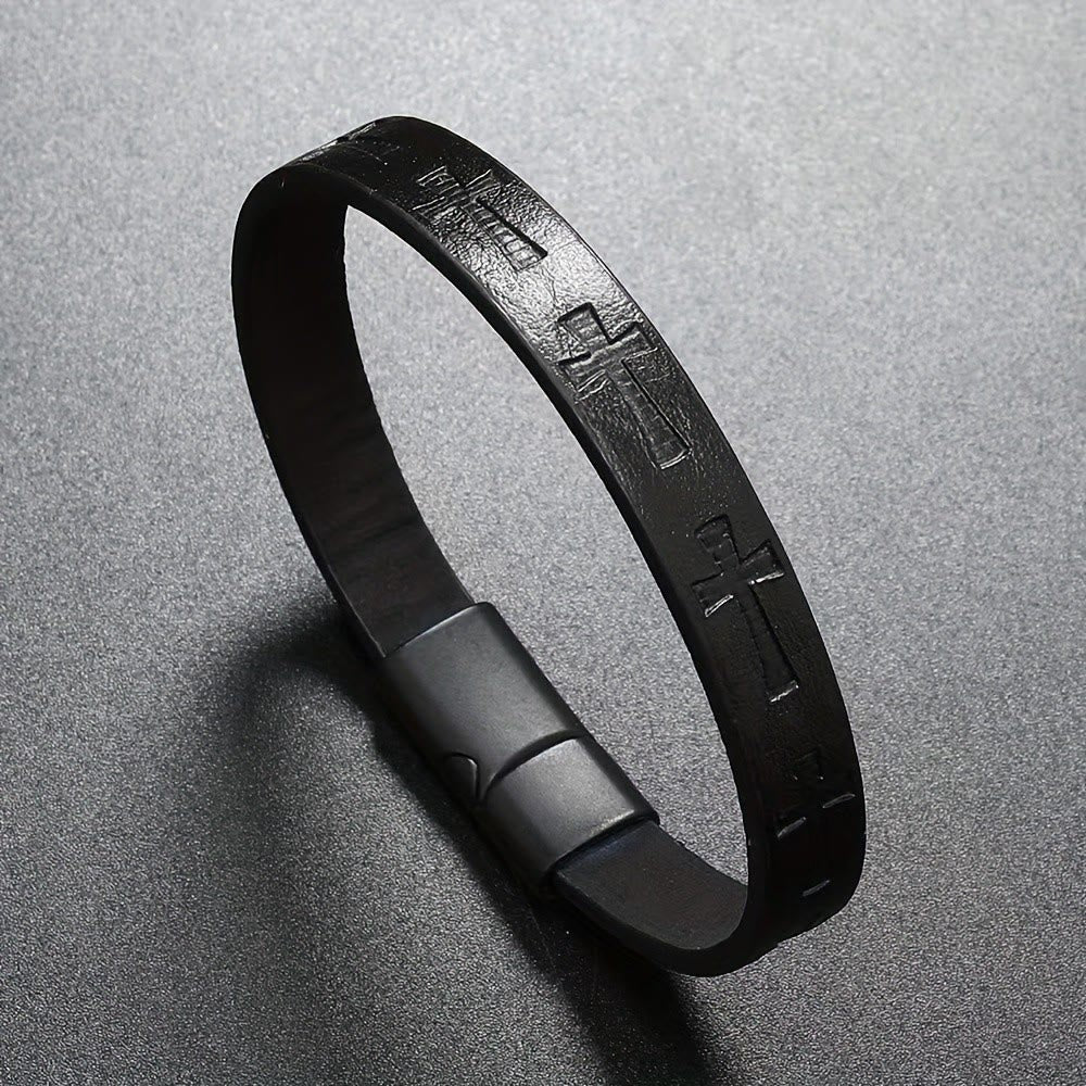 Christianartworkshop Classic Style Multicolor Leather Magnetic Buckle Bracelet with Cross Motifs - Black - image 3