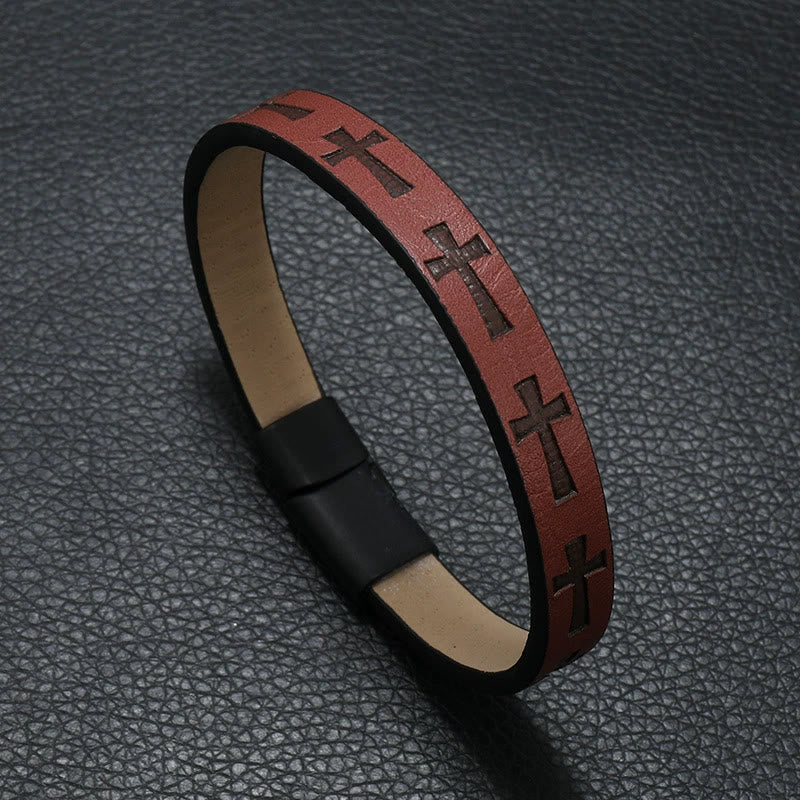 Christianartworkshop Classic Style Multicolor Leather Magnetic Buckle Bracelet with Cross Motifs - Wine - image 4