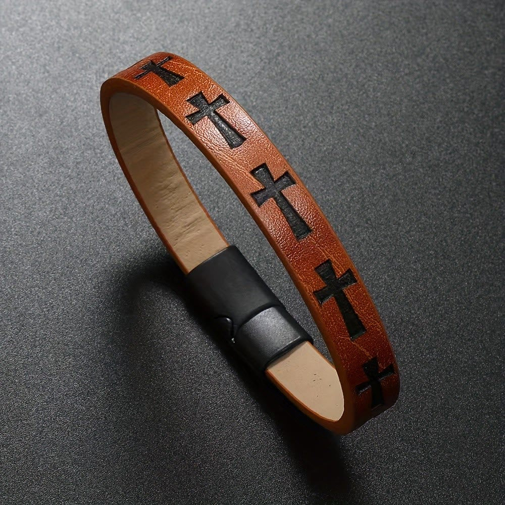 Christianartworkshop Classic Style Multicolor Leather Magnetic Buckle Bracelet with Cross Motifs - Brown - image 5