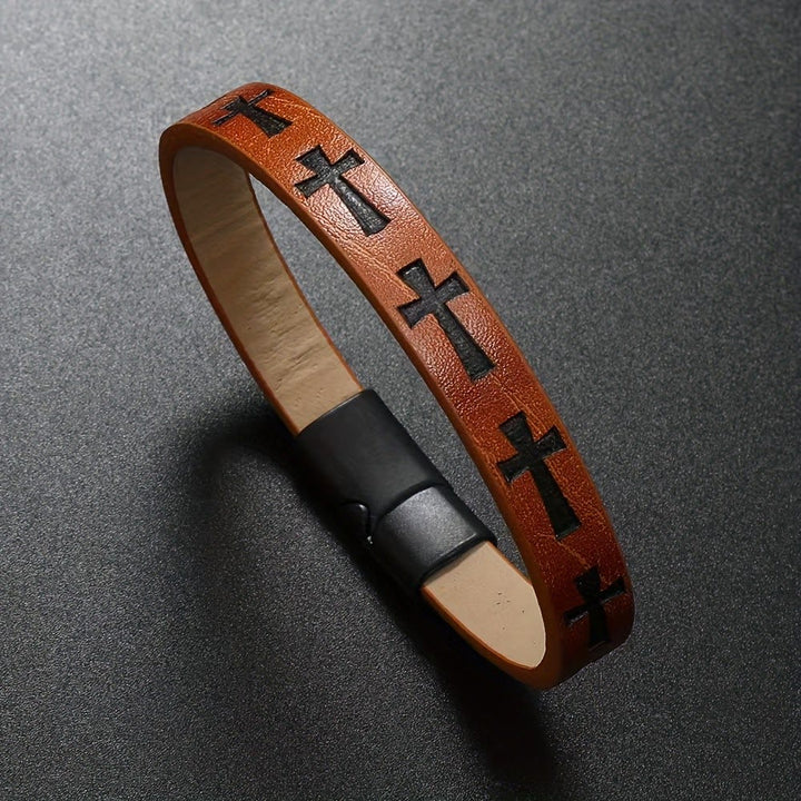 Christianartworkshop Classic Style Multicolor Leather Magnetic Buckle Bracelet with Cross Motifs - Brown - image 5