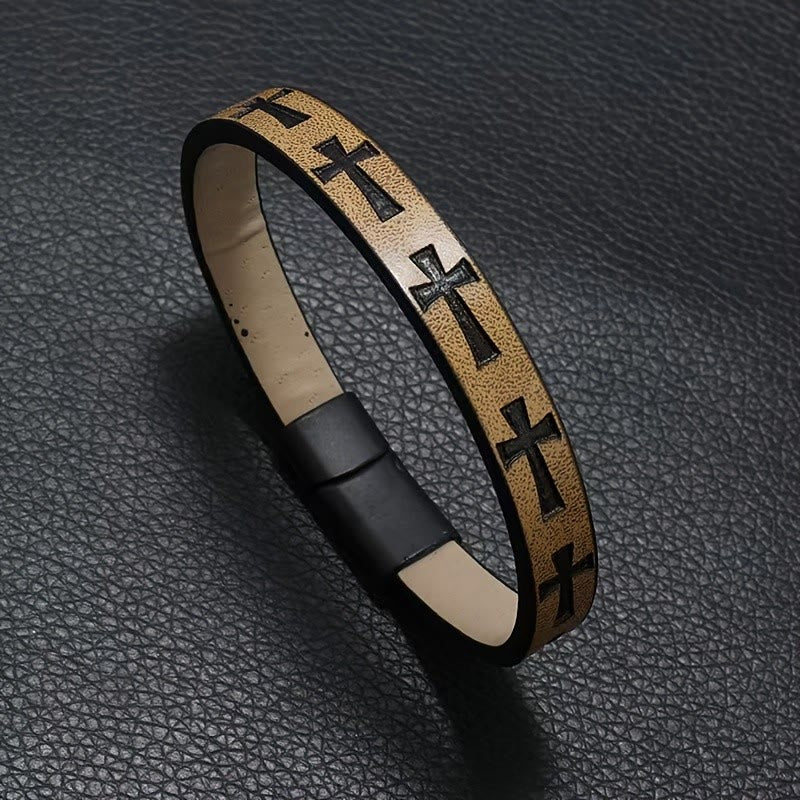 Christianartworkshop Classic Style Multicolor Leather Magnetic Buckle Bracelet with Cross Motifs - Khaki - image 6