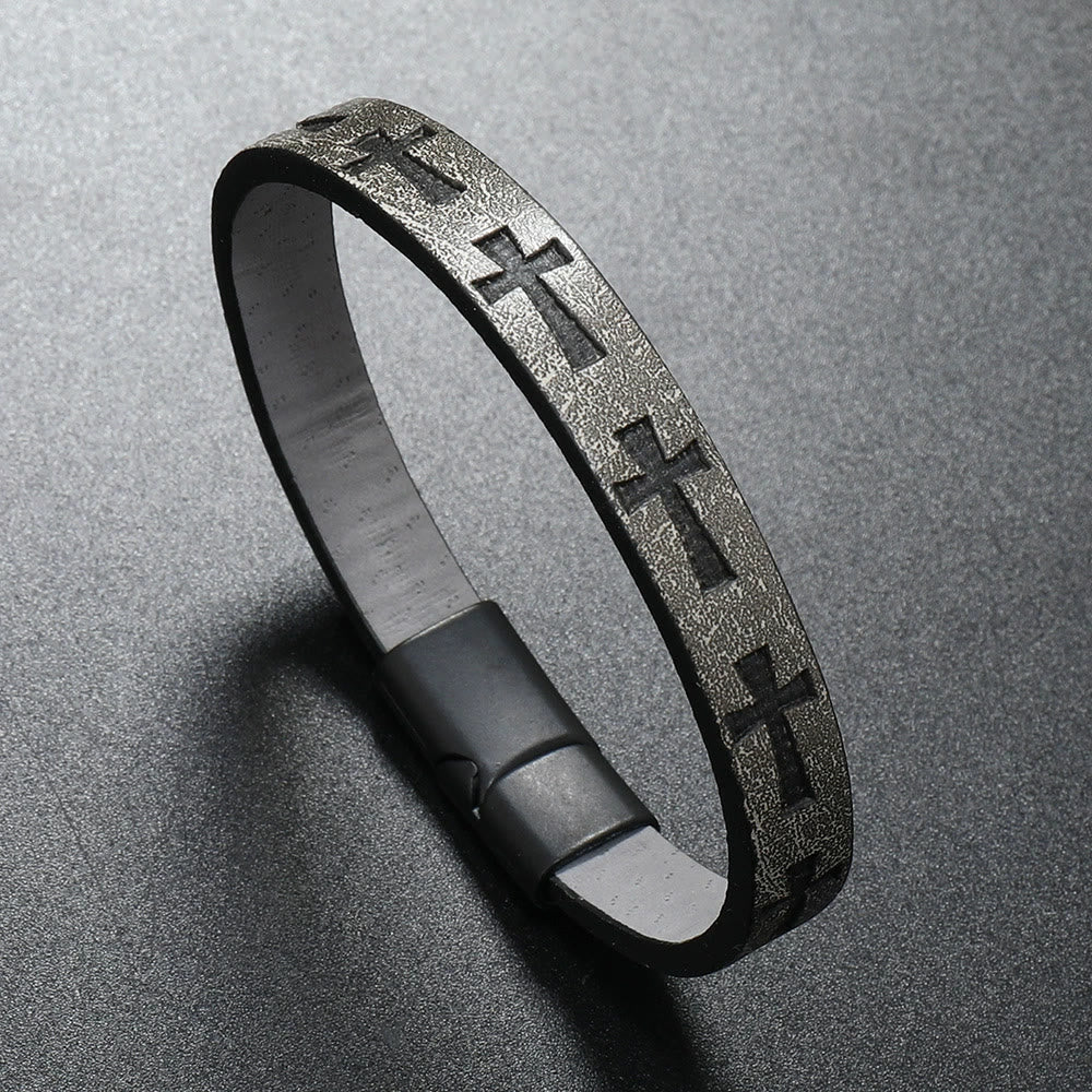 Christianartworkshop Classic Style Multicolor Leather Magnetic Buckle Bracelet with Cross Motifs - Grey - image 7