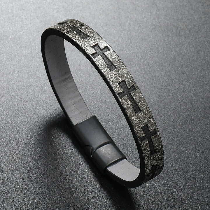 Christianartworkshop Classic Style Multicolor Leather Magnetic Buckle Bracelet with Cross Motifs - Grey - image 7