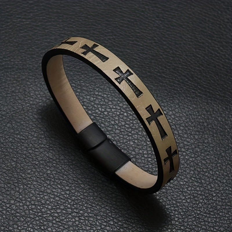 Christianartworkshop Classic Style Multicolor Leather Magnetic Buckle Bracelet with Cross Motifs - Camel - image 8