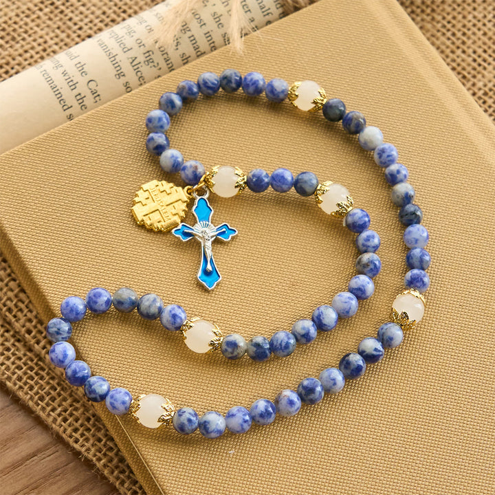 Christianartworkshop Artisanal Elastic 4mm Blue Stone Rosary Bracelet with Crucifix & Jerusalem Cross - image 5