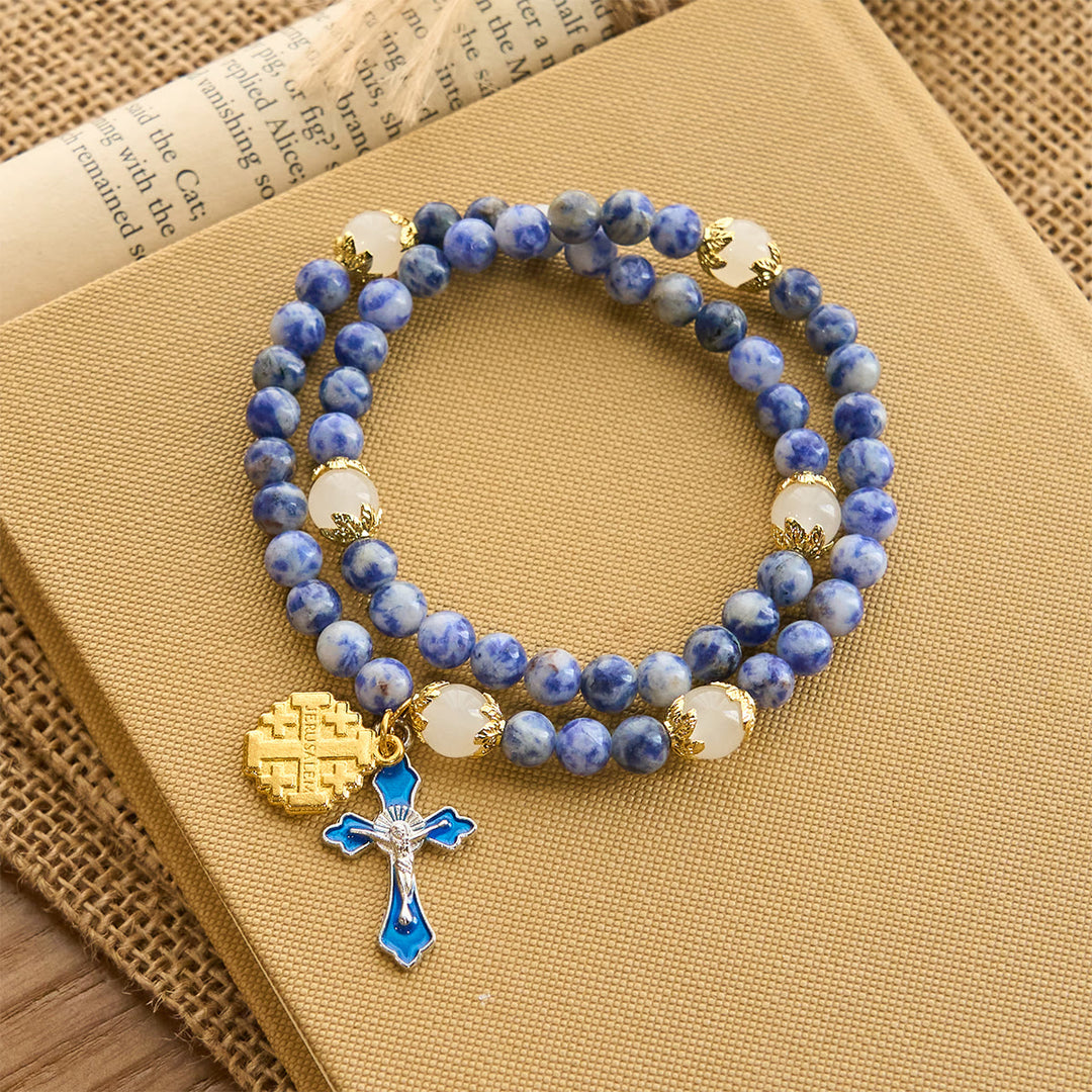 Christianartworkshop Artisanal Elastic 4mm Blue Stone Rosary Bracelet with Crucifix & Jerusalem Cross - Crucifix & Jerusalem Cross - image 0