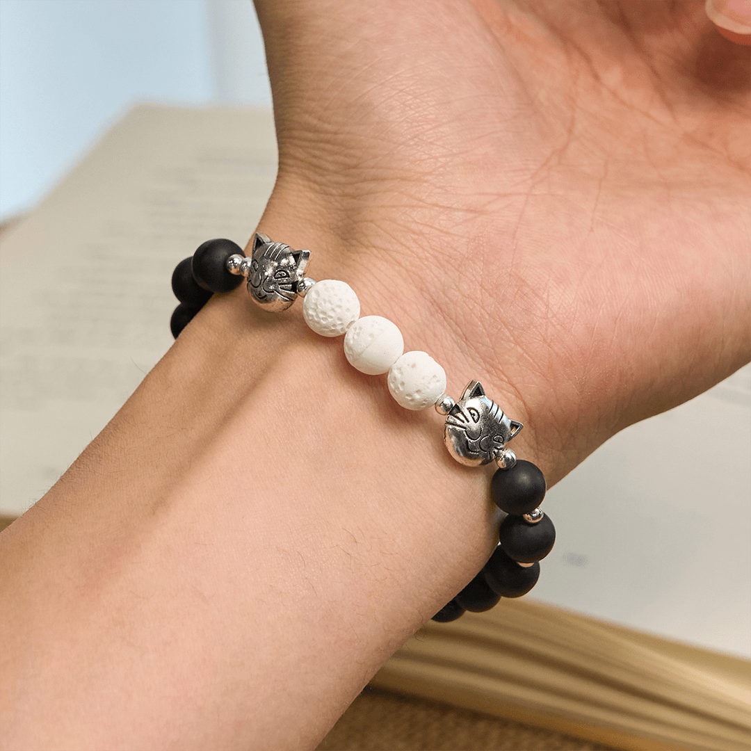 Christianartworkshop Matte Black and White Lava Stone with Cat Cow Chrams Bracelet & Animal Rosary  - image 10