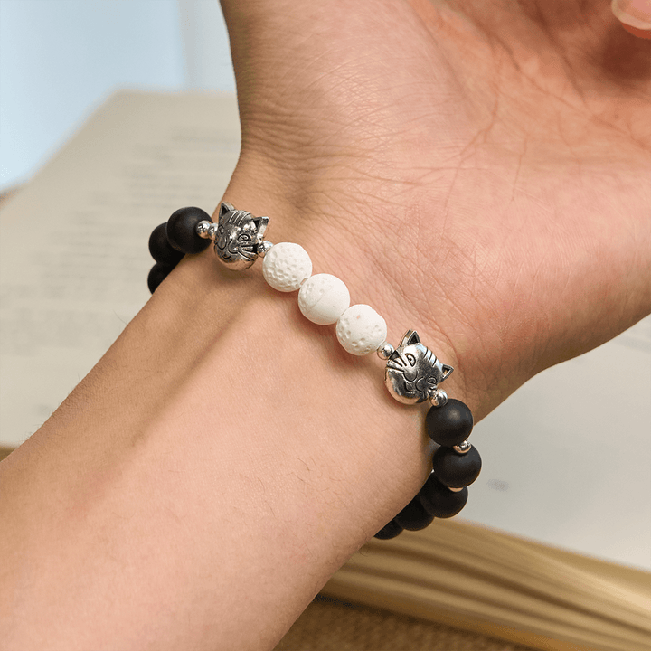 Christianartworkshop Matte Black and White Lava Stone with Cat Cow Chrams Bracelet & Animal Rosary  - image 10