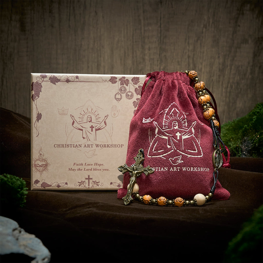 Christianartworkshop Exquisite Wooden Rose Beads with Bronze Crucifix & Miraculous Medal Rosary - image 4