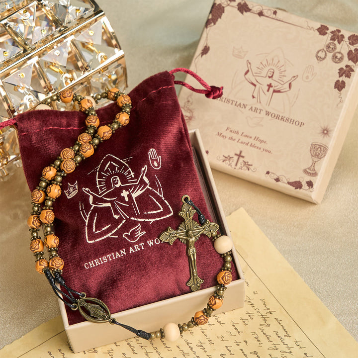 Christianartworkshop Exquisite Wooden Rose Beads with Bronze Crucifix & Miraculous Medal Rosary - image 3