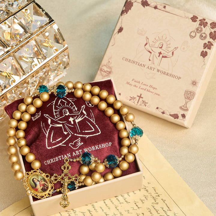 Christianartworkshop Elegant Matte Golden Pearl Rosary with St. Therese and Crucifix - image 1