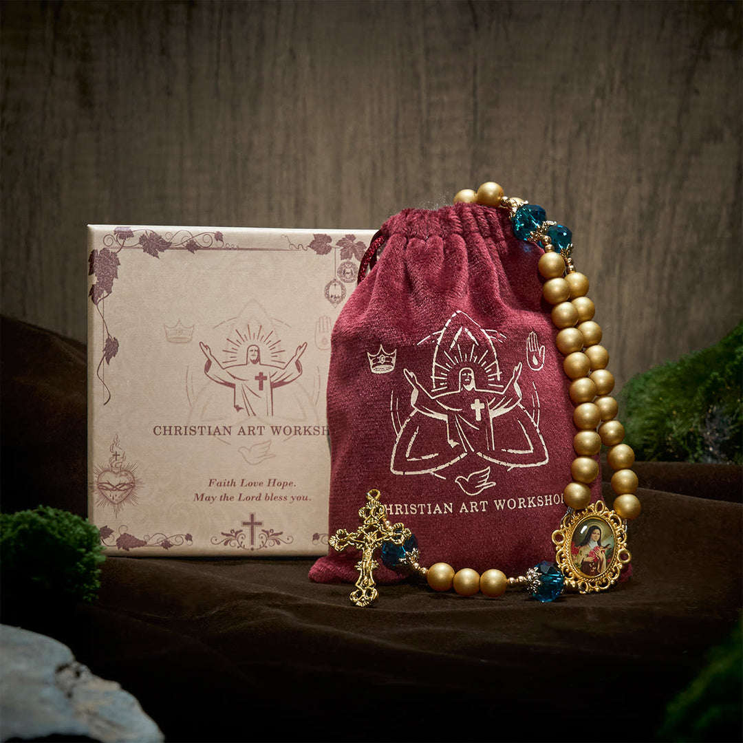 Christianartworkshop Elegant Matte Golden Pearl Rosary with St. Therese and Crucifix - image 2