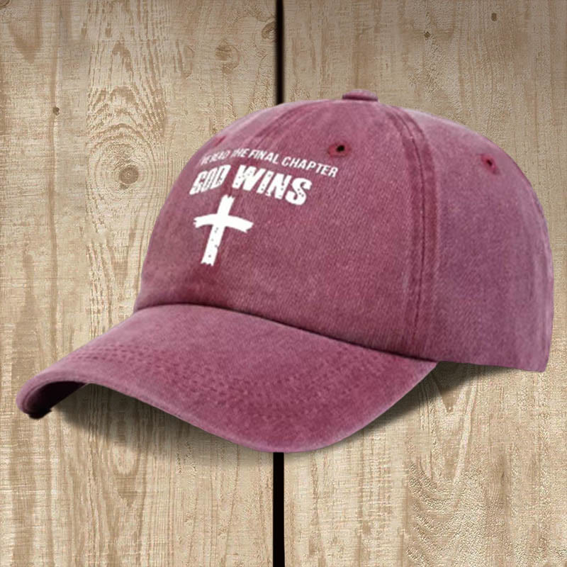 Christianartworkshop God Wins Unisex Distressed Washed Cotton Hat - Wine - image 6