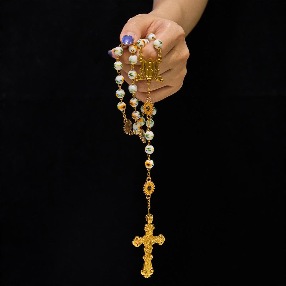 Christianartworkshop Handmade Sunflower-Inspired Rosary: A Divine Creation with Yellow Floral Beads - image 2