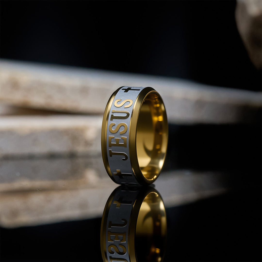 Christianartworkshop Titanium Steel Ring with Laser engraving "JESUS" - Golden - UK Size Z（US 13） - image 0