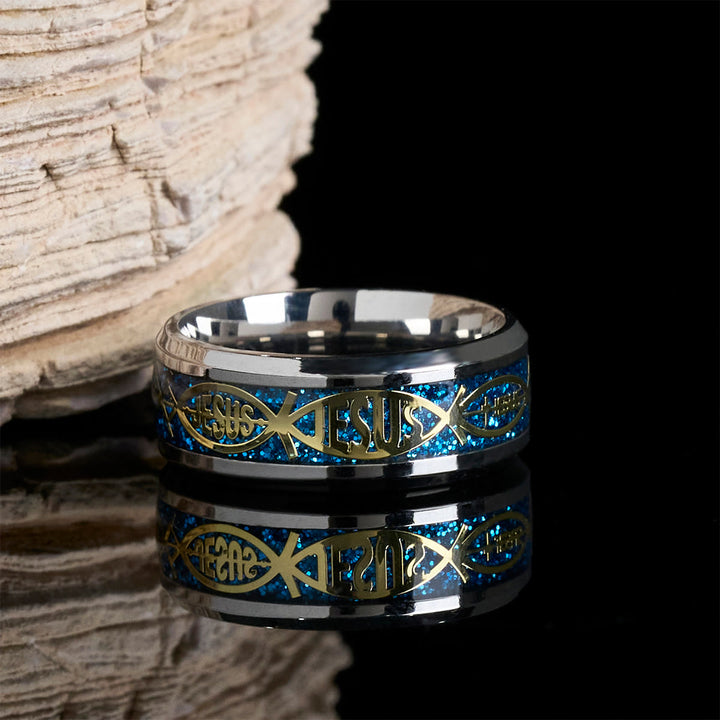 Christianartworkshop Rustic Stainless Steel Ring: "Jesus" in Fish - Blue - UK Size Z（US 13） - image 1