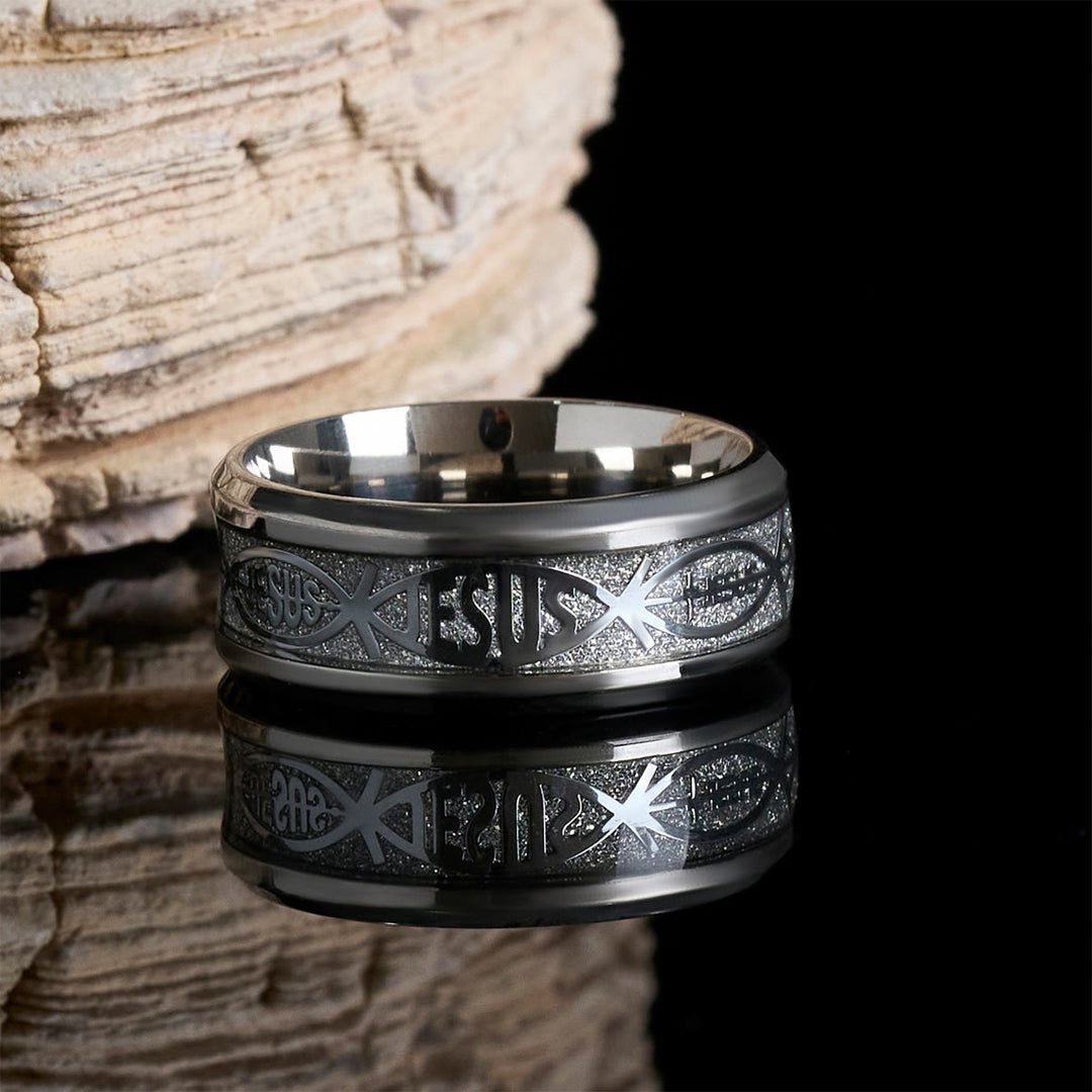 Christianartworkshop Rustic Stainless Steel Ring: "Jesus" in Fish - Silver - UK Size Z（US 13） - image 4