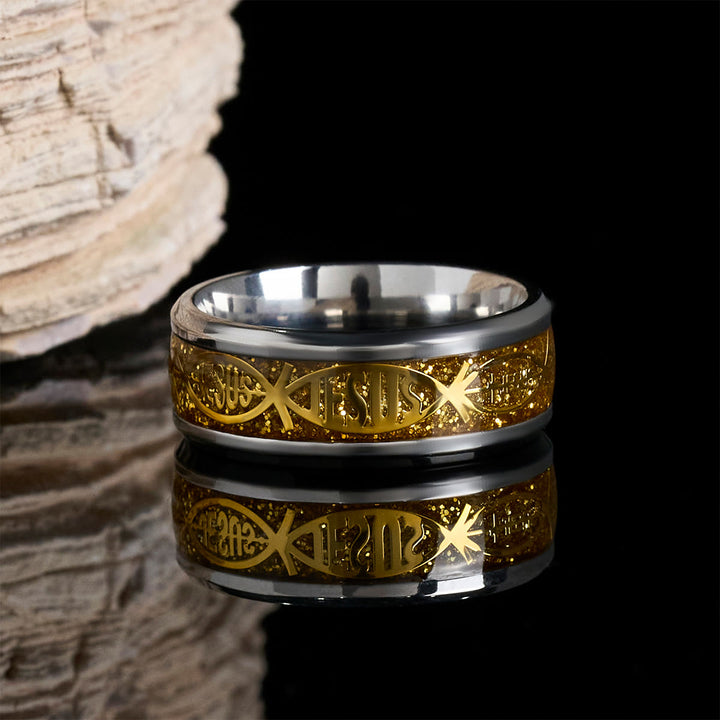 Christianartworkshop Rustic Stainless Steel Ring: "Jesus" in Fish - Golden - UK Size Z（US 13） - image 3