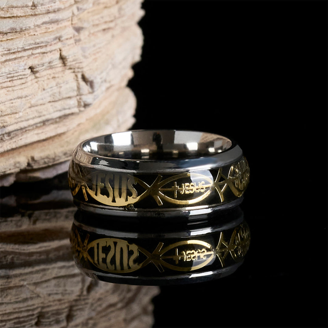 Christianartworkshop Rustic Stainless Steel Ring: "Jesus" in Fish - Black - UK Size Z（US 13） - image 2