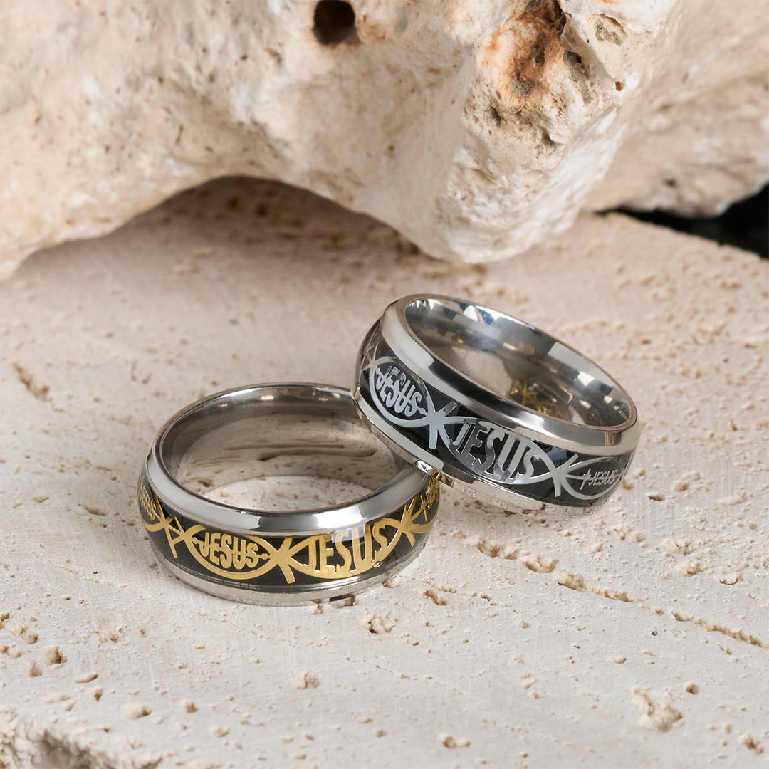 Christianartworkshop Rustic Stainless Steel Ring: "Jesus" in Fish - image 6